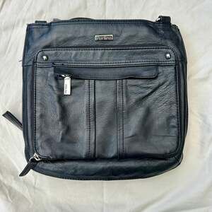 Perlina Black Soft Leather Crossbody Bag, Cheetah Pattern Lining, Multi Pockets